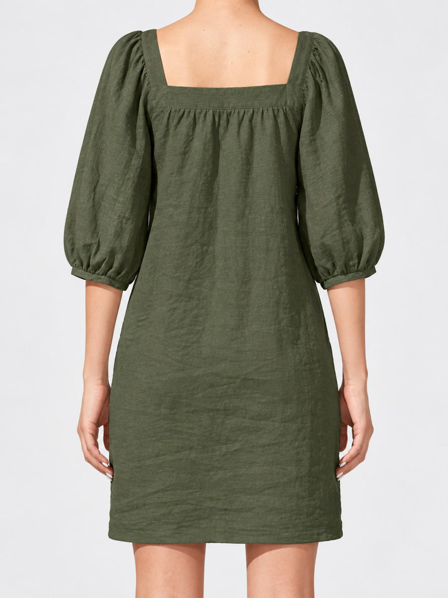 Square Neck Puff Sleeve Mini Dress in Khaki with seam detail