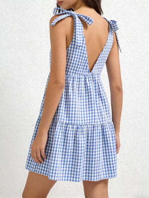 Blue gingham tie-shoulder maternity mini dress with ruffle hem