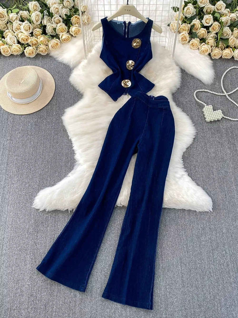 Dark blue cotton asymmetrical buttoned vest with flare jeans set