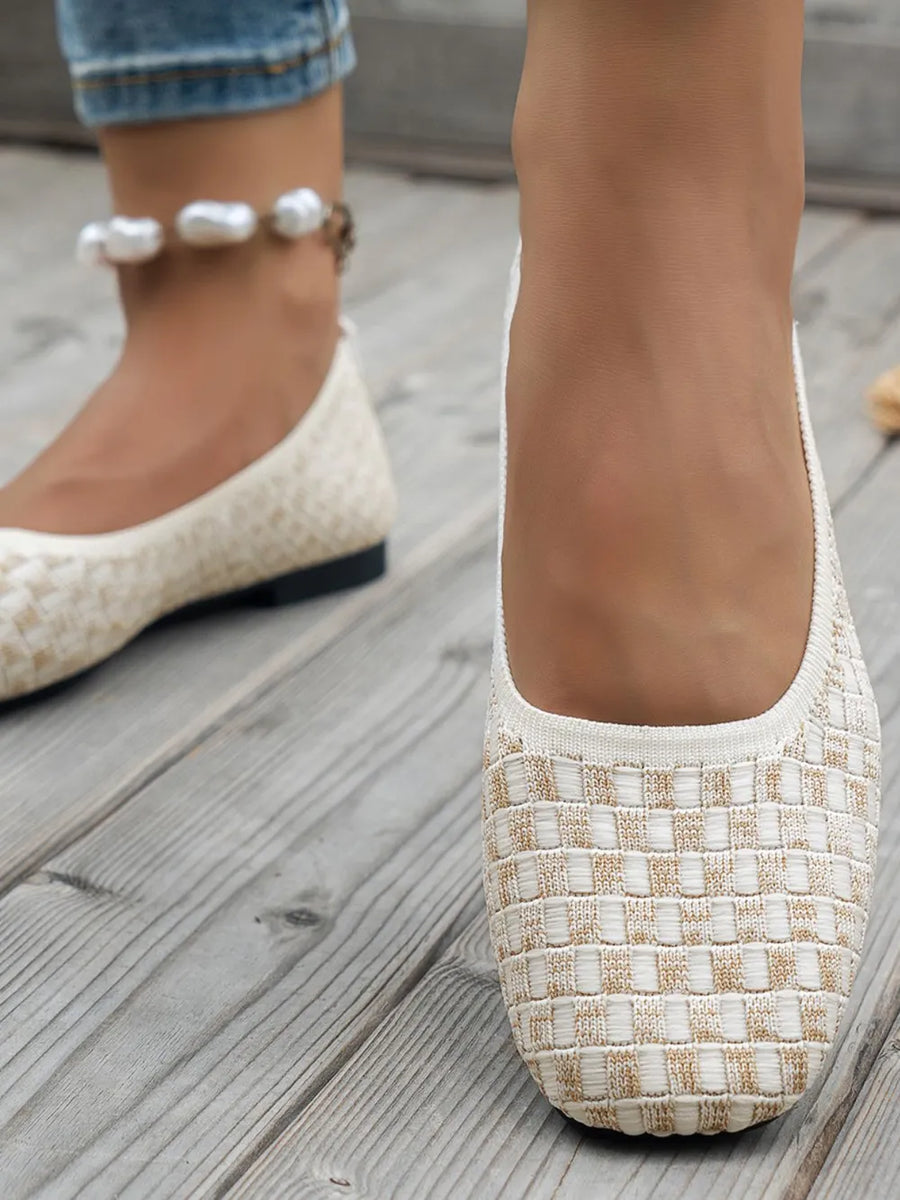 Woven knit square-toe flats in beige with a checkered pattern.