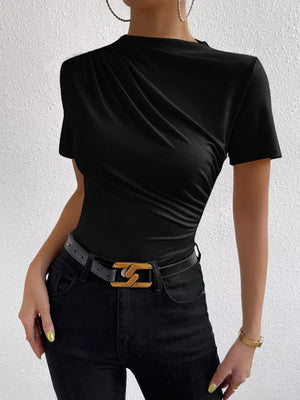 Black ruched mock neck t-shirt with short sleeves and draped detailing.