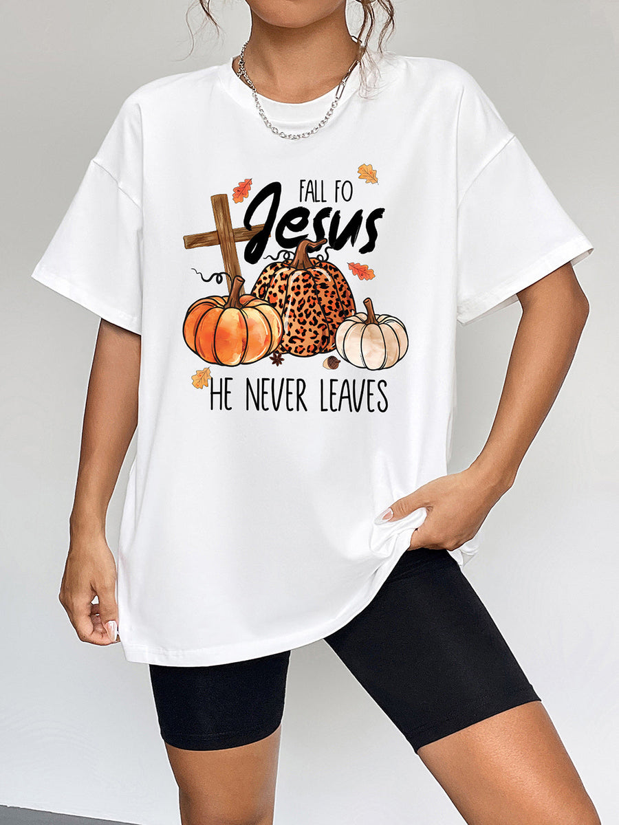 White oversized graphic tee with fall Jesus motif and pumpkins