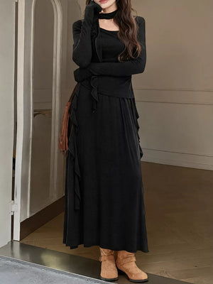Ruffled Long Sleeve Knit Top And Maxi Skirt Set option 8