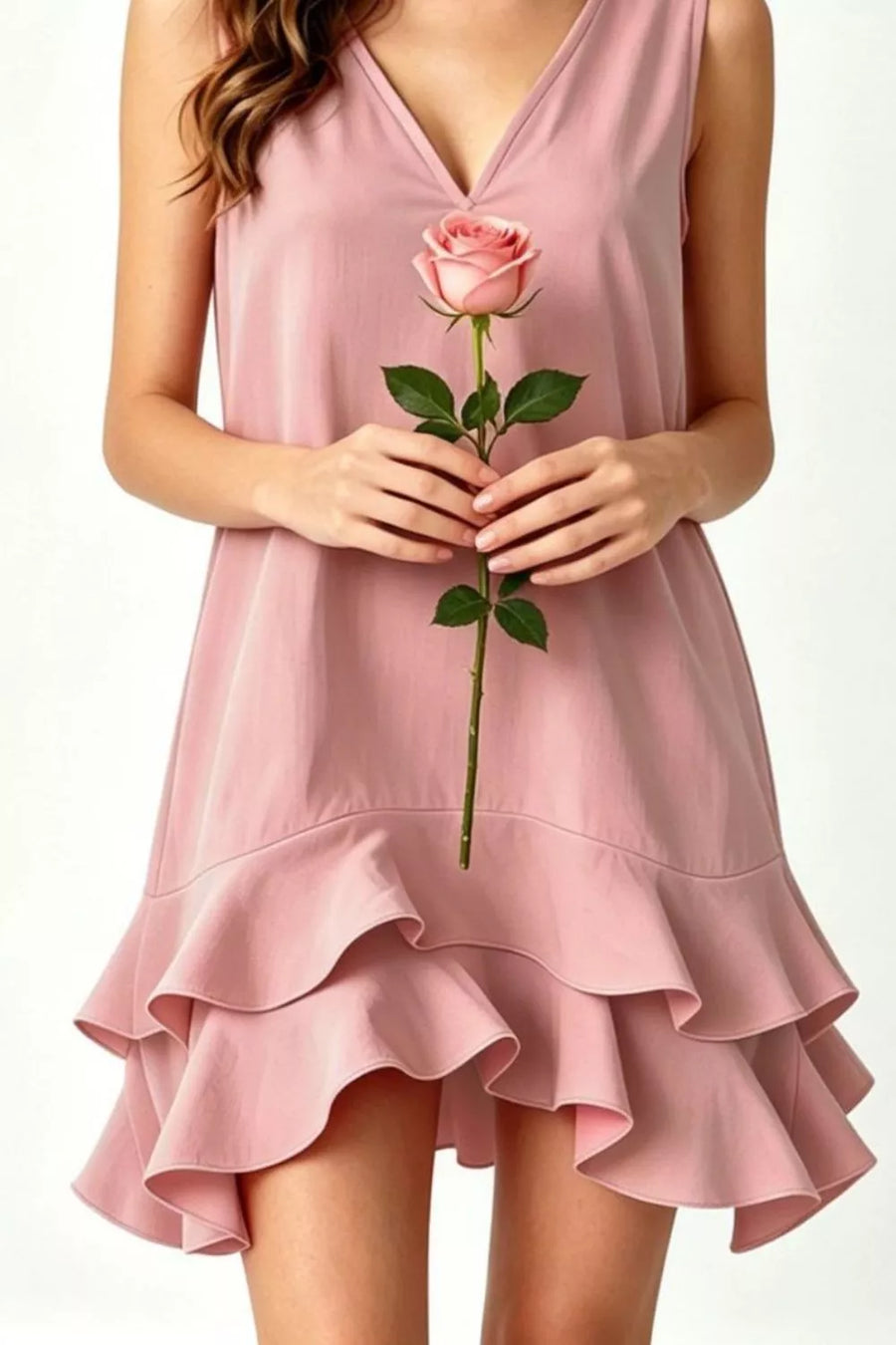 Dusty pink cotton mini dress with V-neck and tiered ruffle hem.