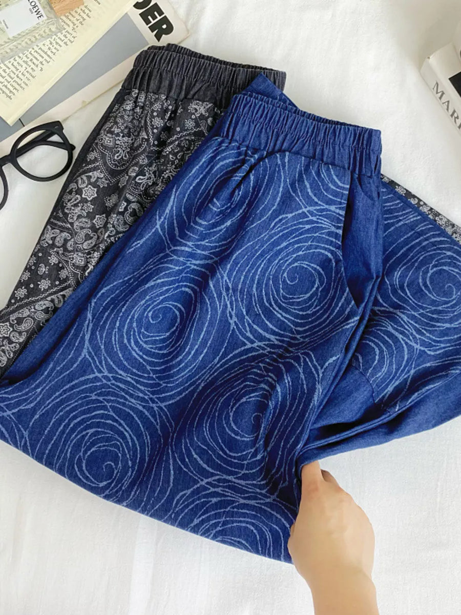 Blue printed comfort jeans with drawstring waist and elastic waistband.