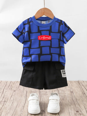 Children's blue graphic tee with "Legend" detail and black cargo shorts set.