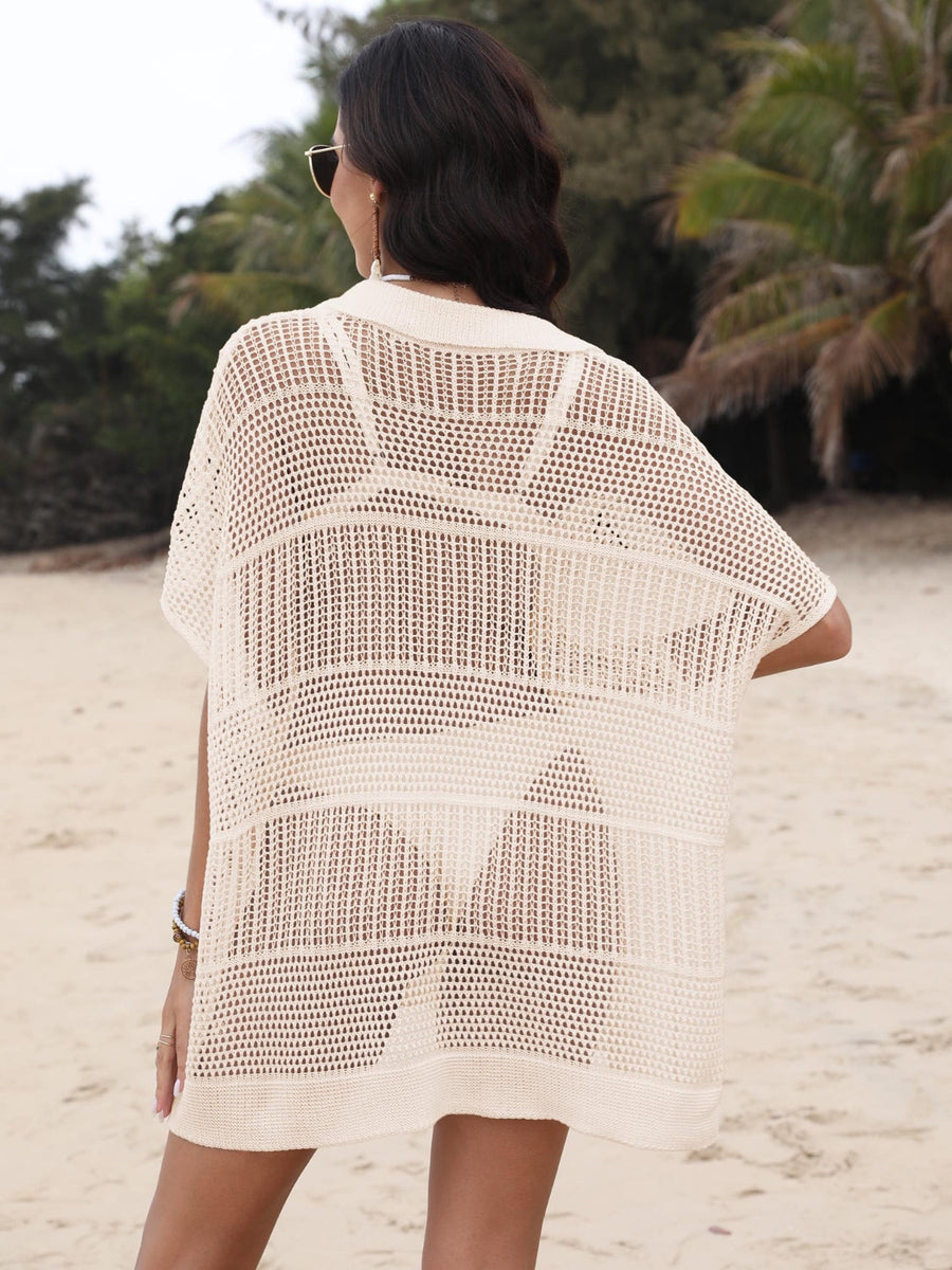 Open-knit polo beach dress in tan with short sleeves and a relaxed fit, perfect for layering over swimwear.