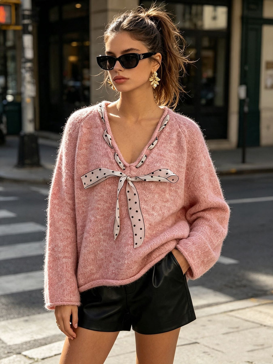 v-neck sweater in Apricot Color with tied detail and hip-length