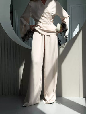 cream pajama set with hip-length and wrap