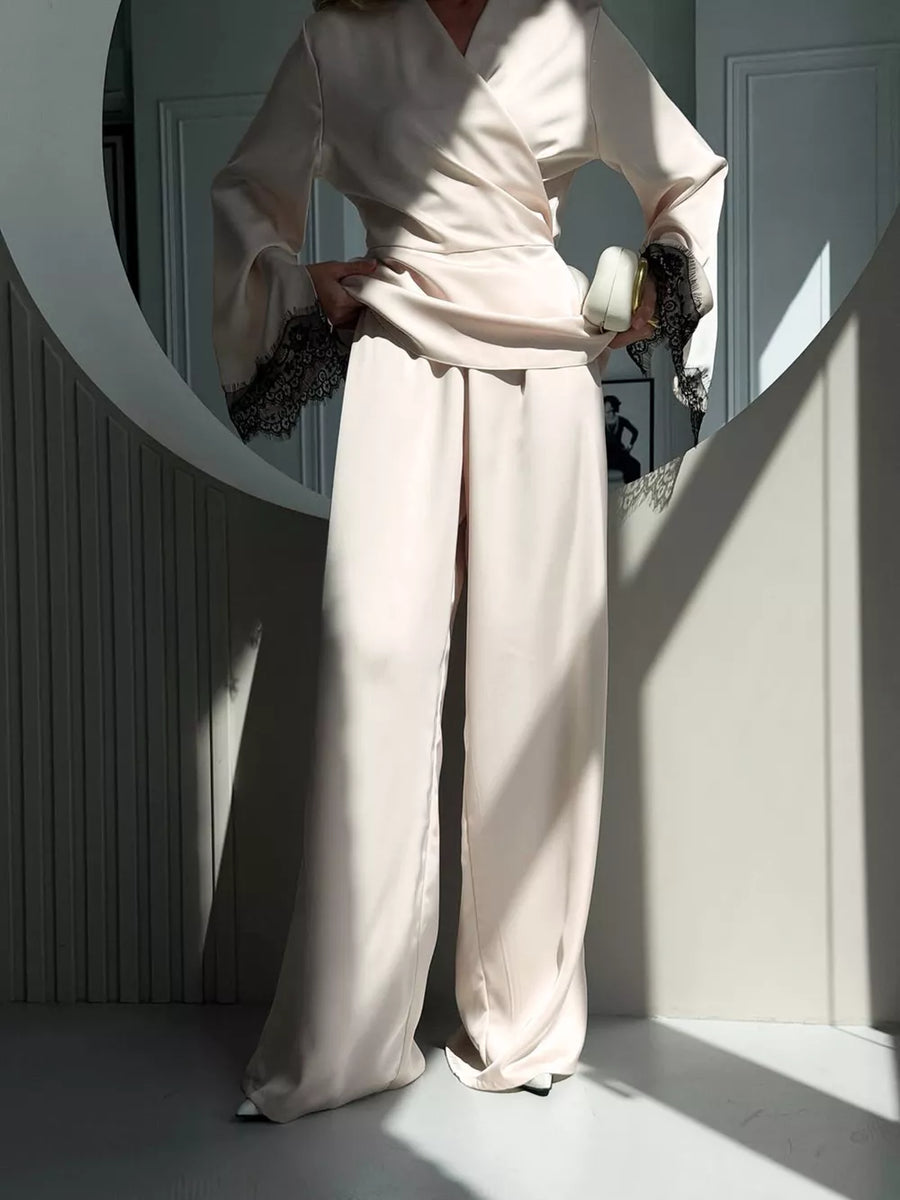 cream pajama set with hip-length and wrap