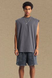 Boxy shoulder cut tank top in dark gray, a casual activewear staple.