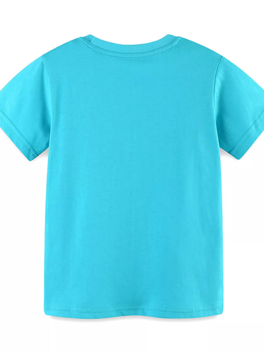 Toddler blue cotton blend t-shirt with short sleeves and crew neck.