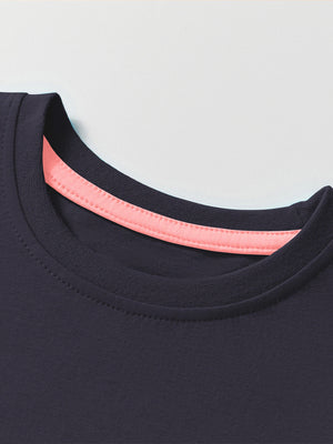 Navy blue cotton crew neck t-shirt with pink trim detail at neckline.