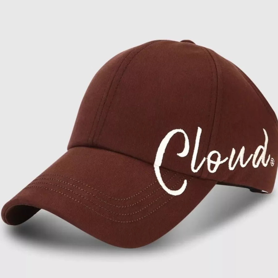 Brown cotton baseball cap with embroidered white "Cloud" text and stitched brim detail.