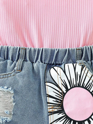 Toddler pink ribbed cami and distressed denim shorts set with floral patch detail.
