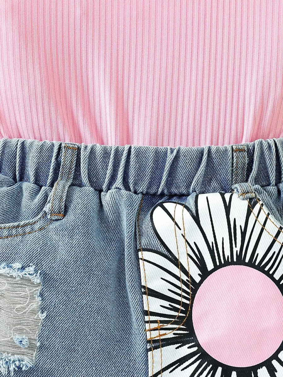 Toddler pink ribbed cami and distressed denim shorts set with floral patch detail.