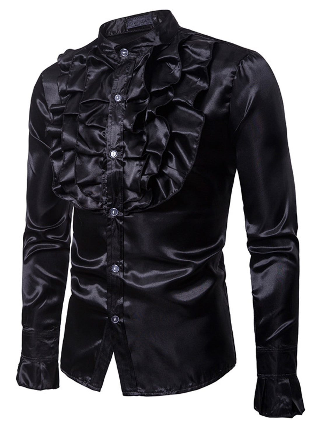 Men's black satin ruffle front button-down shirt with ruffled cuffs