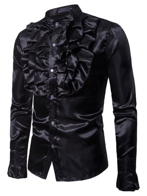 Men's black satin ruffle front button-down shirt with ruffled cuffs