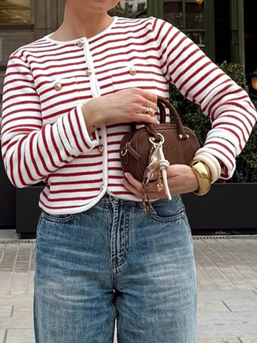 Buttoned striped knit cardigan in red and white with gold buttons.