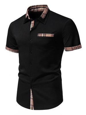 Black cotton short sleeve button-down shirt with plaid collar, pocket and cuff accents.