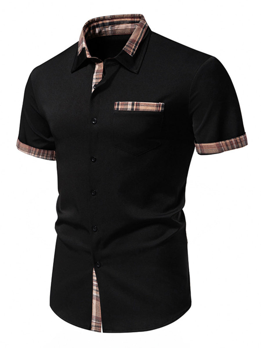 Black cotton short sleeve button-down shirt with plaid collar, pocket and cuff accents.