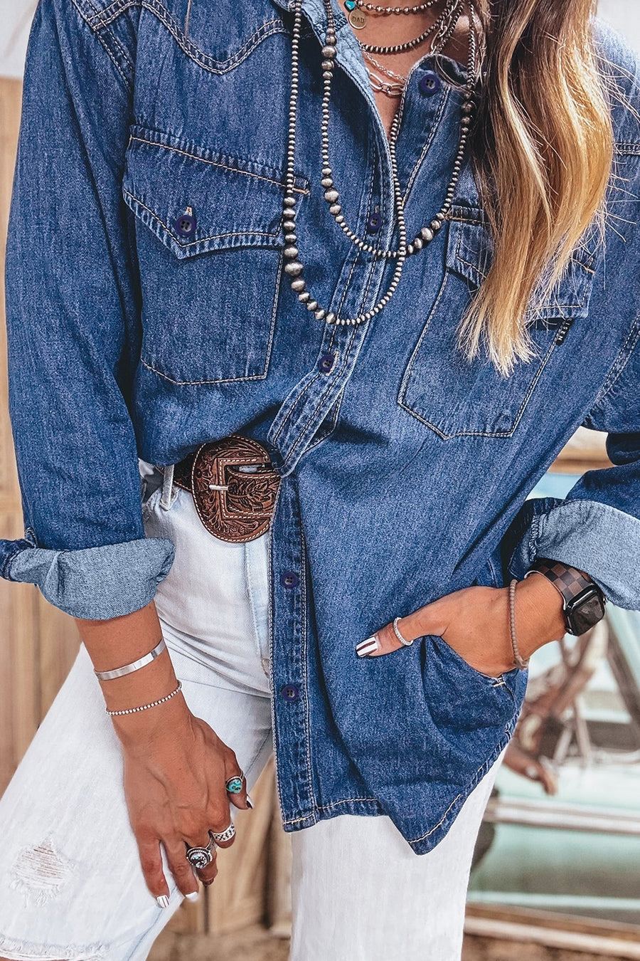 western western shirt in denim blue with collared