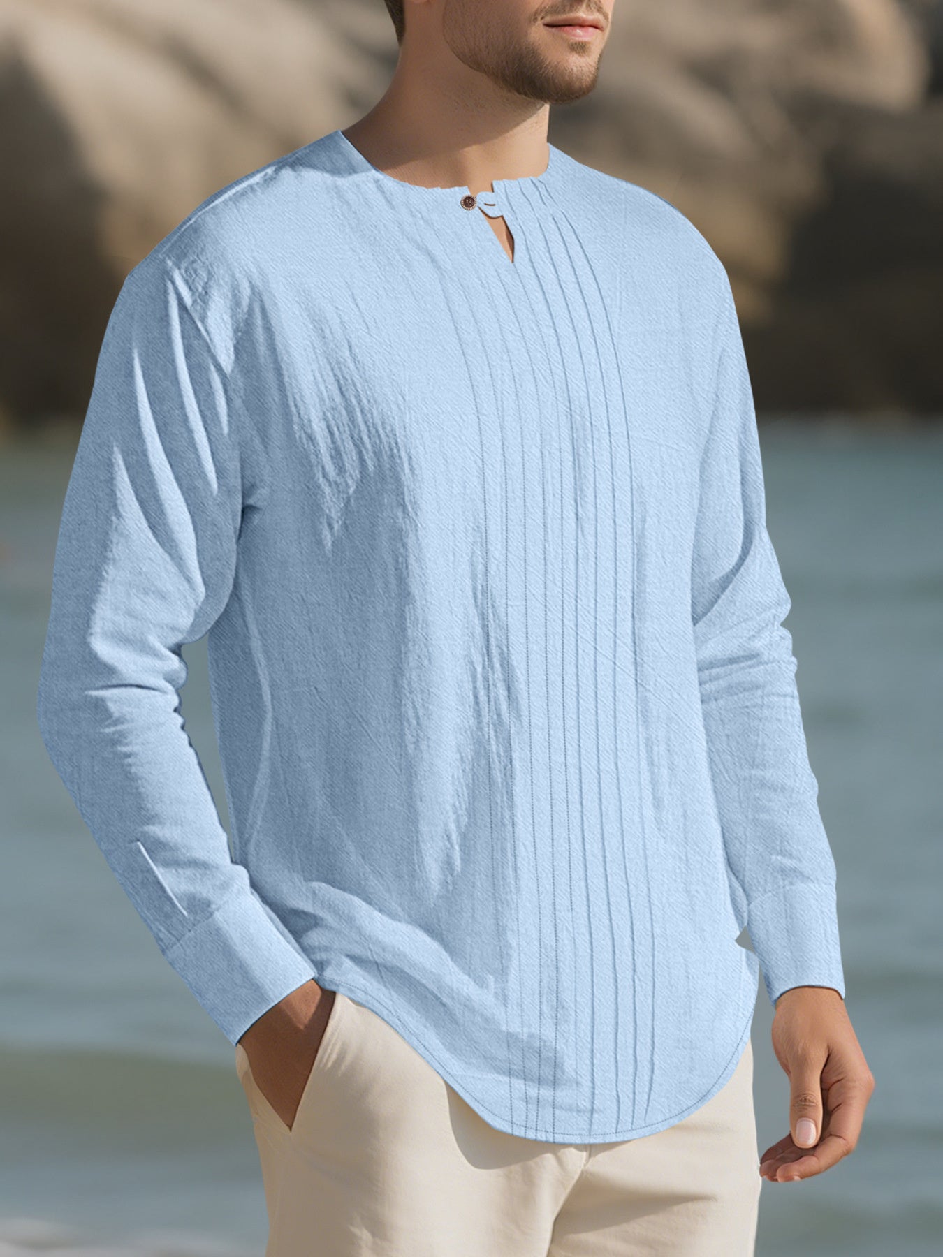 Men's Casual Pleated Long Sleeve Shirt Plus Size in Black Forest