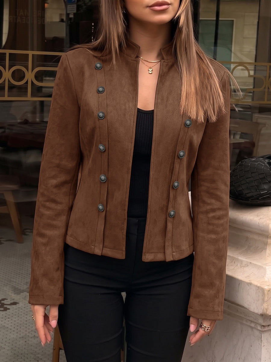 94% polyester, 6% elastane Care instructions: Machine wash cold jacket in Coffee Brown with fitted silhouette