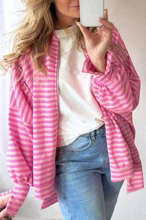 Pink with Striped Zip-up Loose Fit Hoodie in Pink