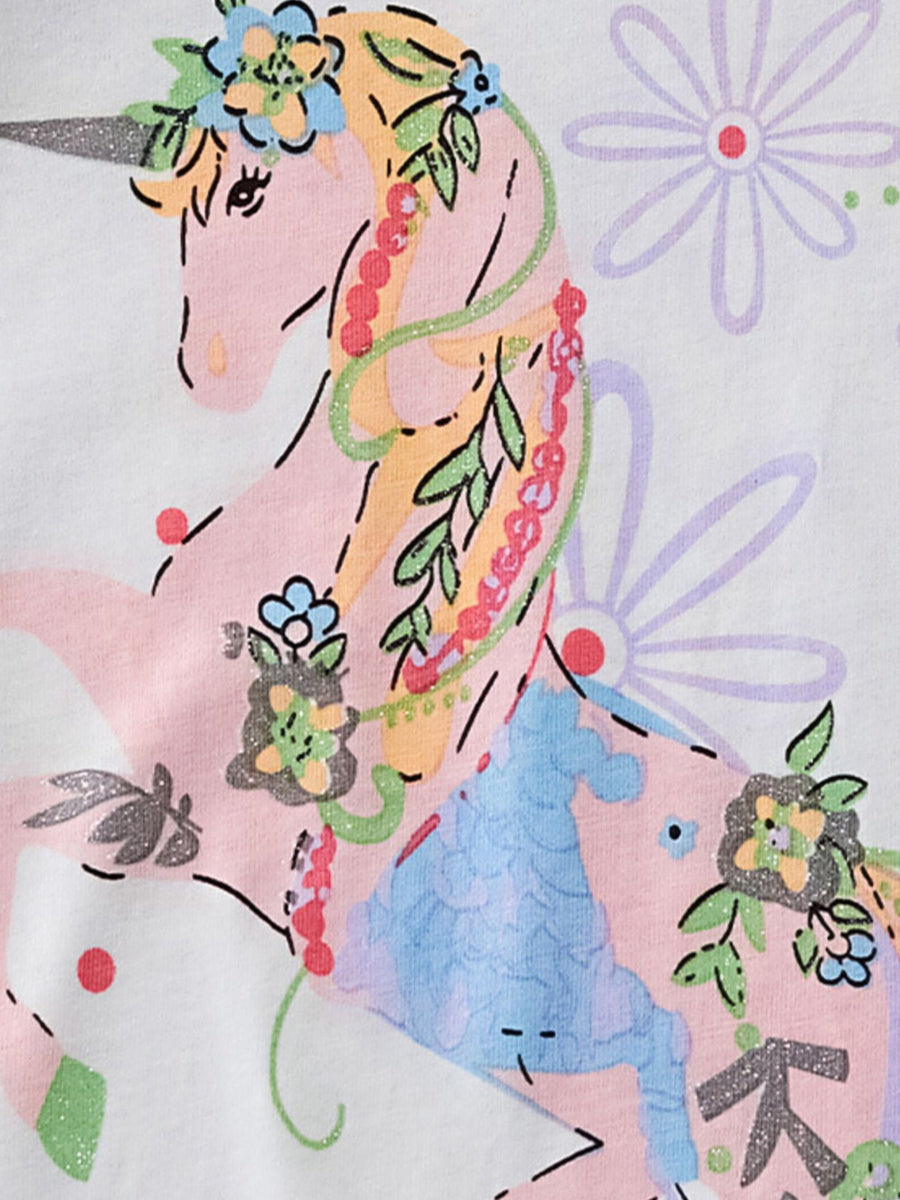 Toddler tee with a pink unicorn graphic, floral accents, and glitter details.