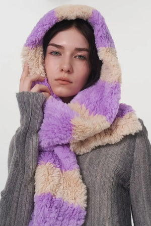 Plush hooded scarf with purple and beige stripes, soft fuzzy texture.