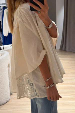 Beige with Sheer Lace Splicing Detail Loose Shirt in Beige