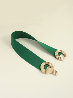 Green elastic belt with interlocking gold circles detail