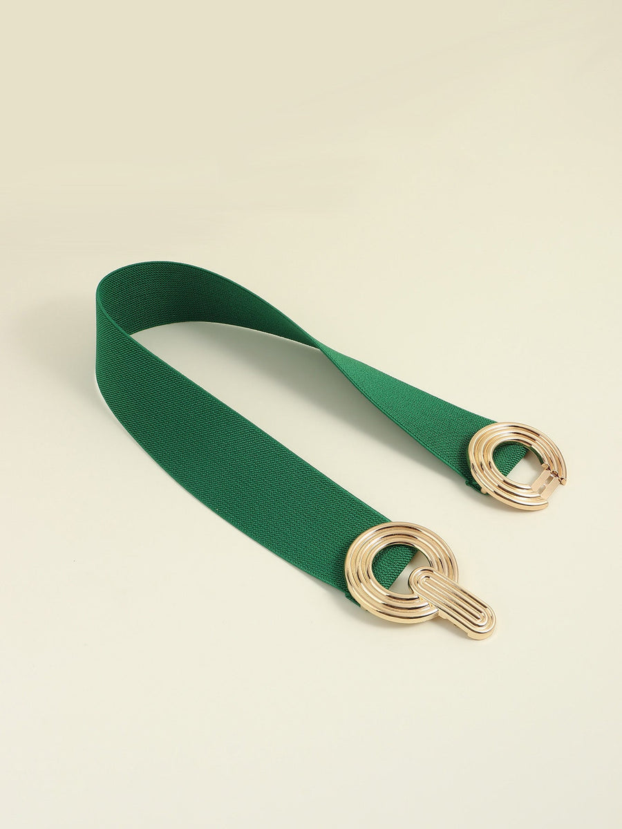 Green elastic belt with interlocking gold circles detail