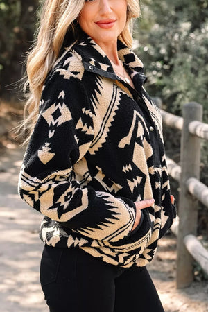 Aztec Print Fleece Snap Down Sweatshirt in Beige