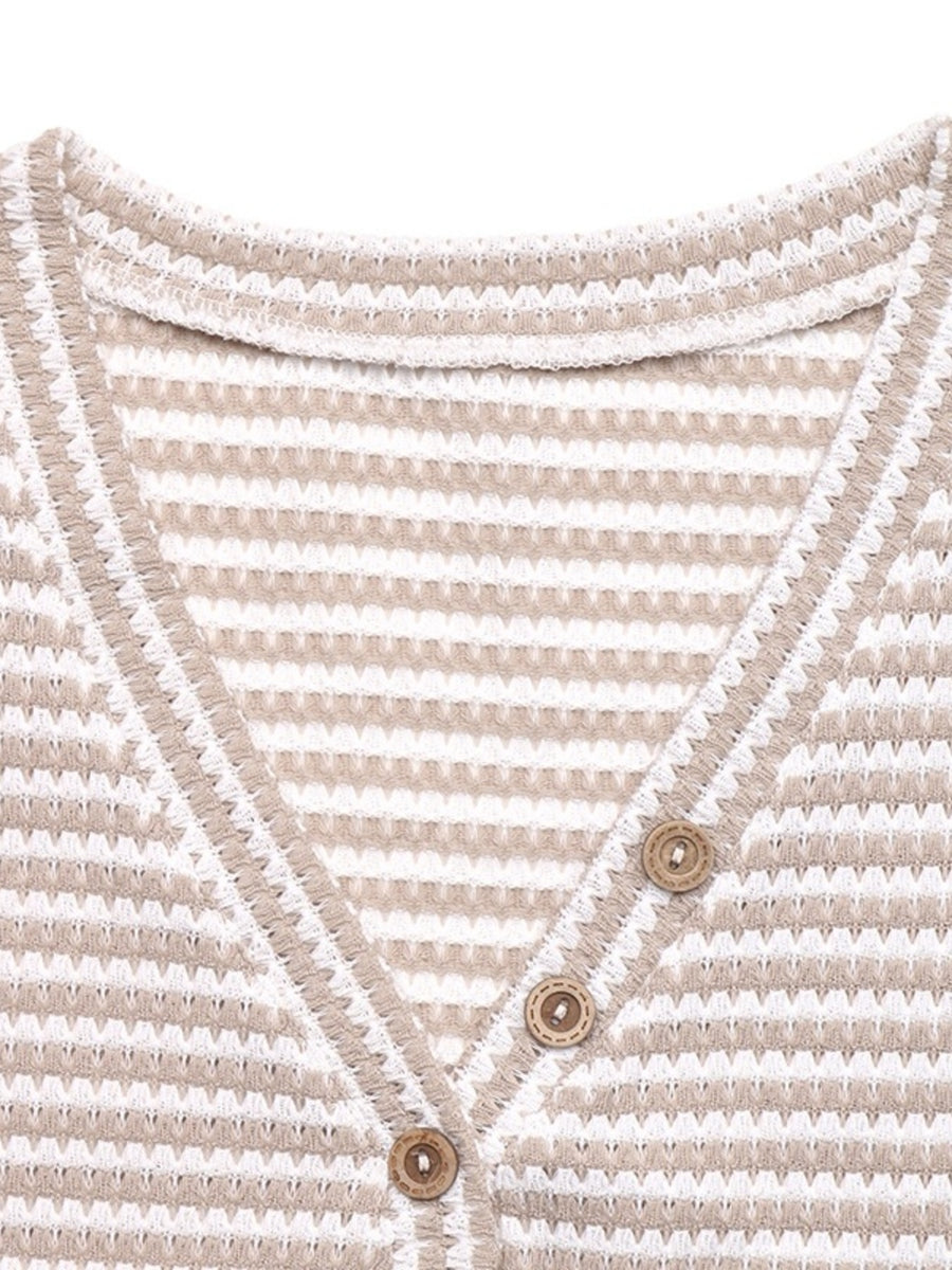 V-neck t-shirt with cap sleeves, horizontal stripes, and wood buttons.