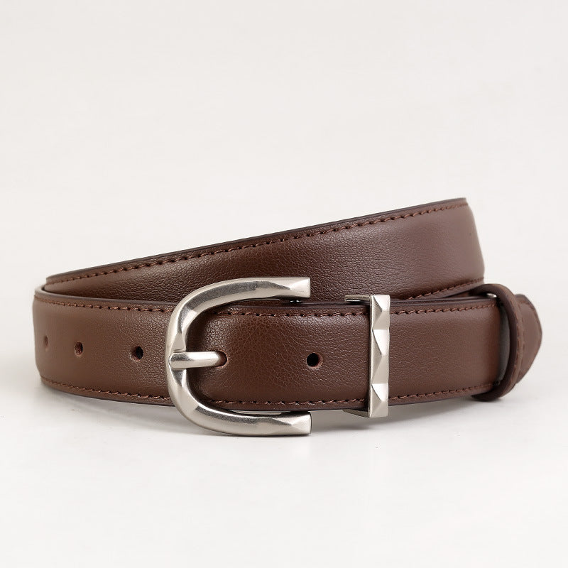 Brown cowhide leather skinny belt with brushed silver buckle and stud detail
