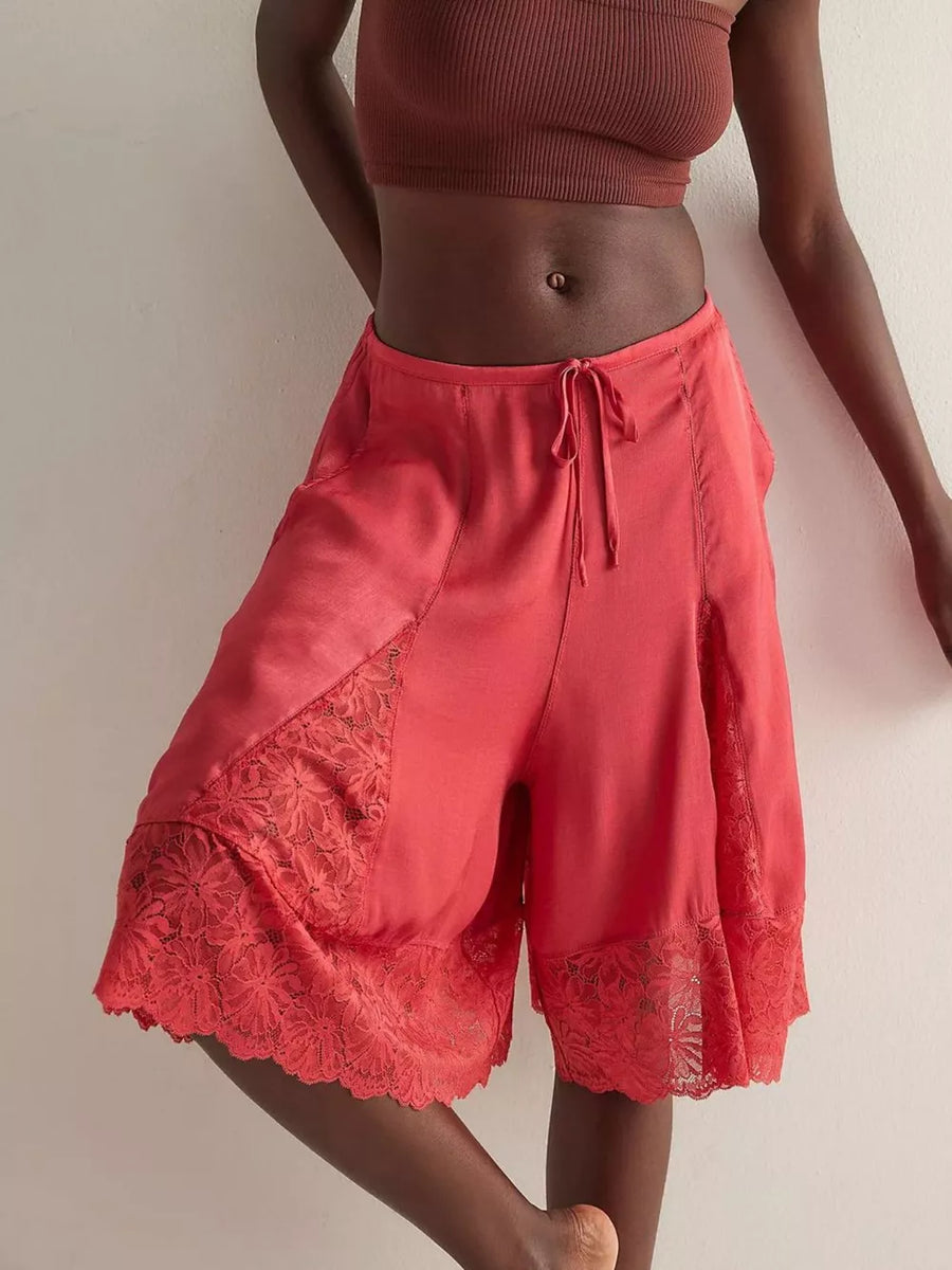 Lace Trimmed Relaxed Fit Shorts in Black, view 12