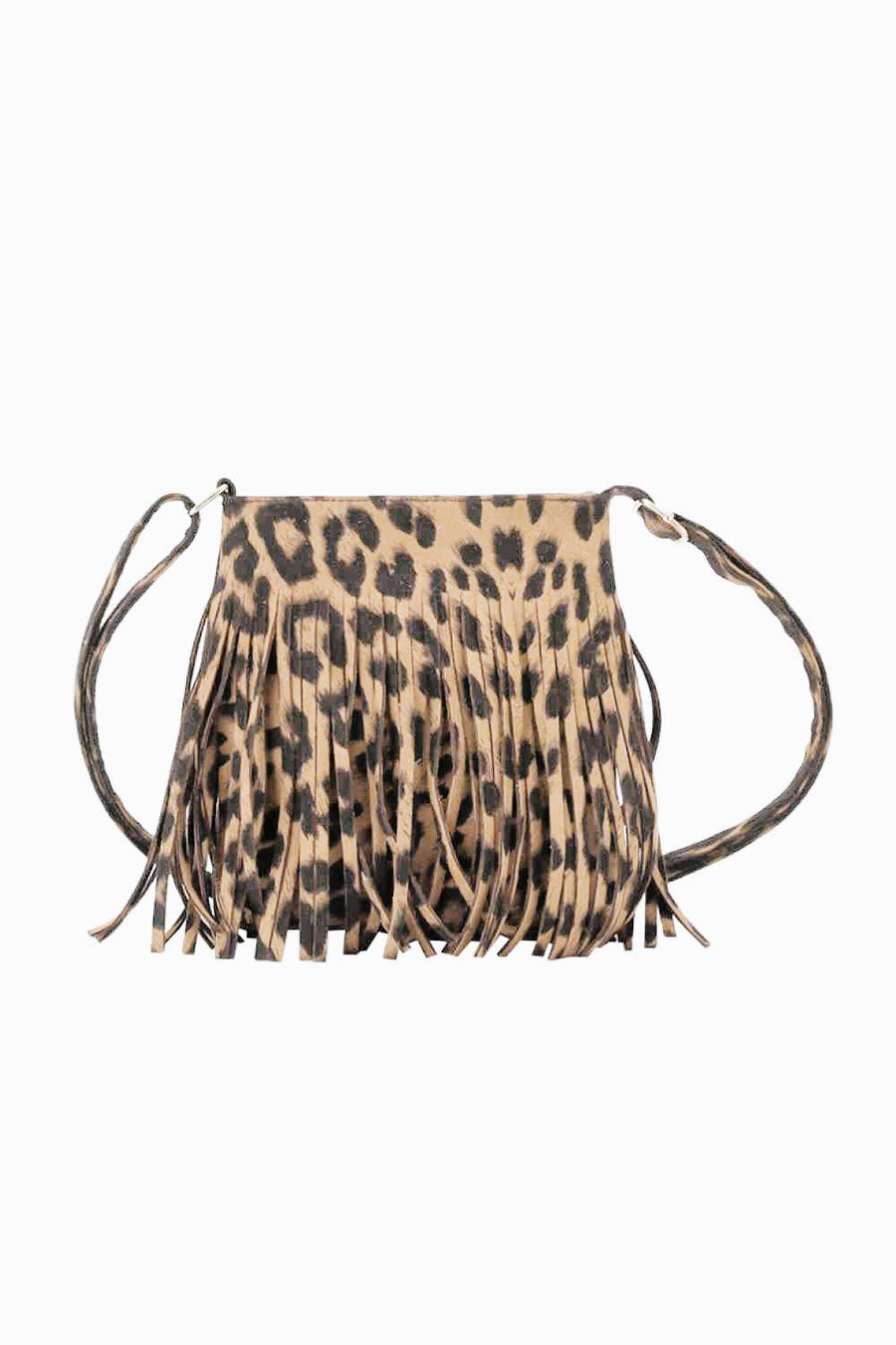 Leopard print crossbody bag with fringe detail and adjustable strap