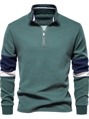 Deep Teal colorblock zip-neck sweatshirt with navy and white sleeve details.