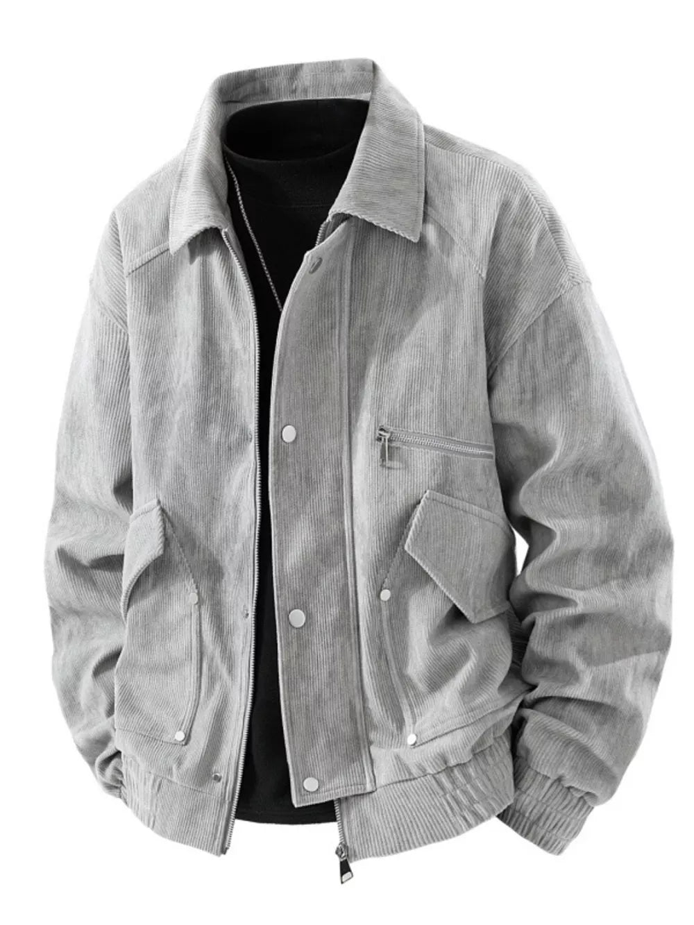 Grey corduroy trucker jacket with buttoned pockets and zip closure.
