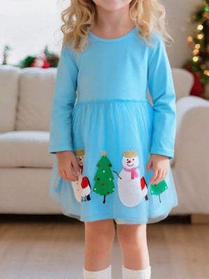 Baby girls pastel blue long sleeve Christmas dress with snowman and tree appliques.