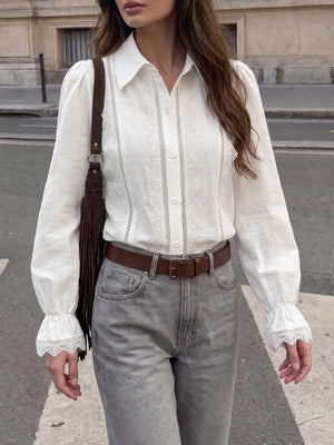 White button-down shirt with hip-length and button-front