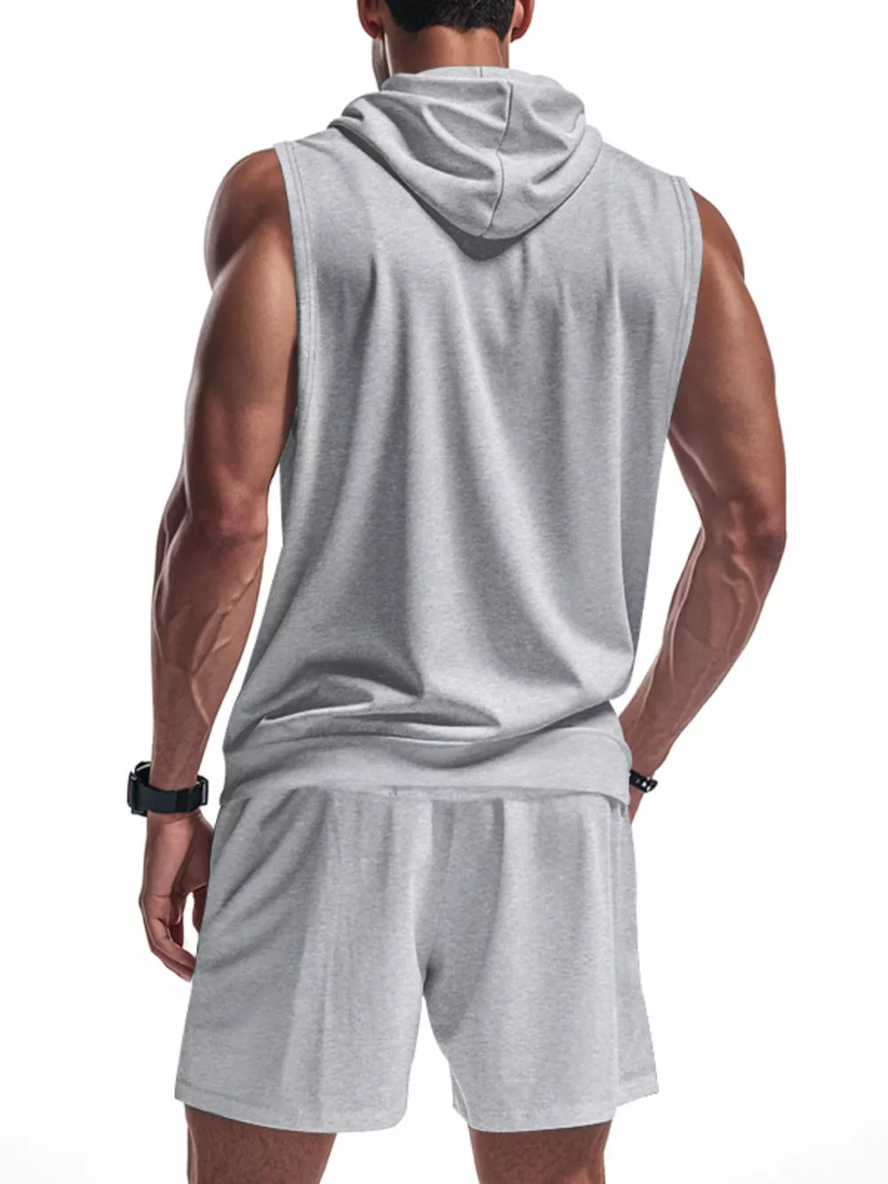 Light gray sleeveless hoodie and shorts set for men, comfortable athletic wear