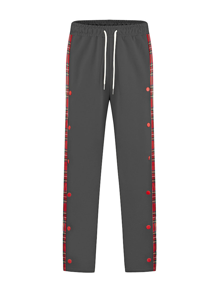 Men's Full Size Drawstring Plaid Side Stripe Pants in Red