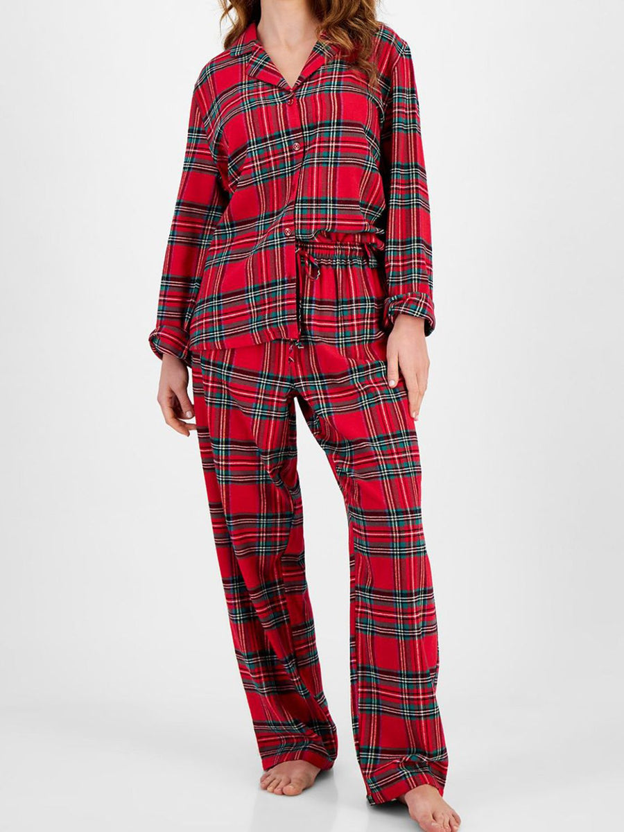 Crimson plaid pajama set with collared button-up top and drawstring pants, 100% polyester.