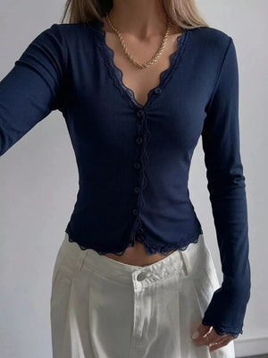 Dark Blue with Lace Trim V-neck Ribbed Long Sleeve Blouse
