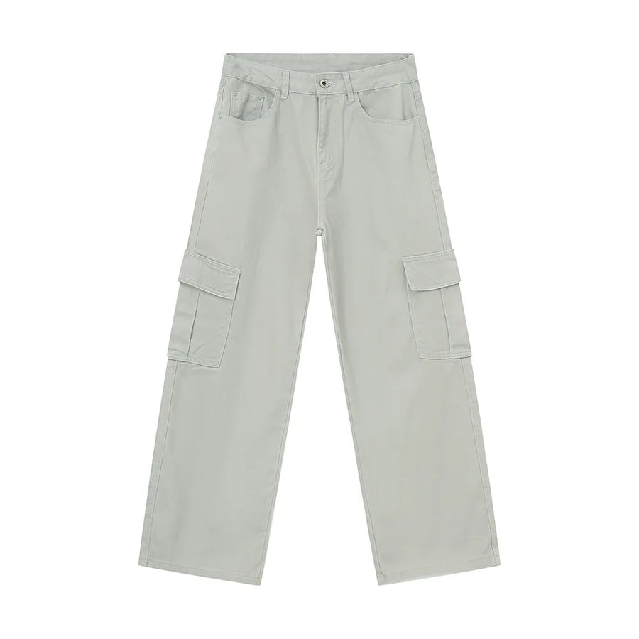 Oversized cargo denim trousers in eggshell with large side pockets and a relaxed fit.