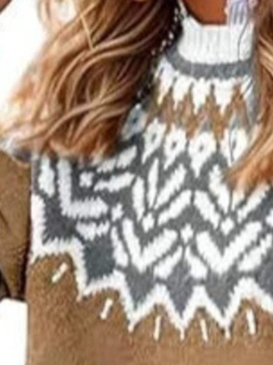Fair Isle Patterned Long Sleeve Sweater Plus Size in brown with plus-size