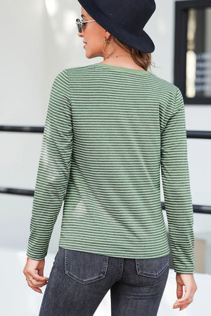 Stripe V Neck Stretchy Long Sleeve Top option 9